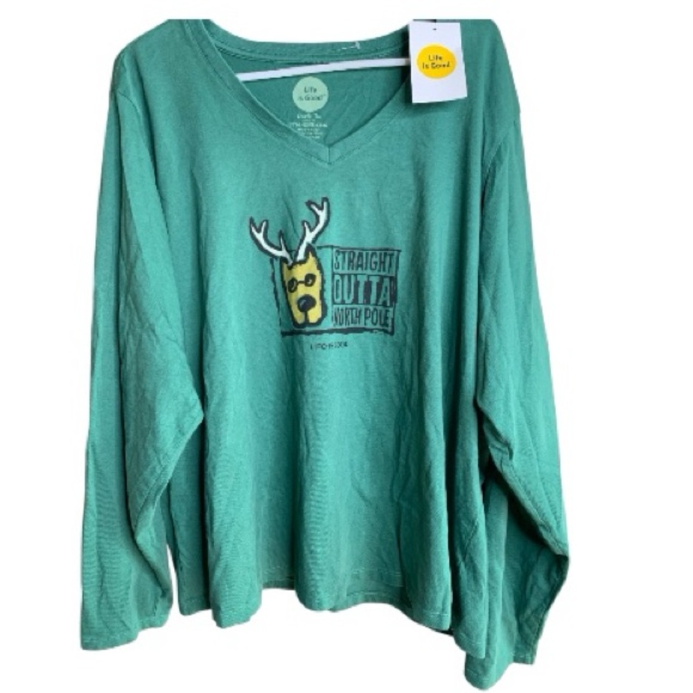 NWT Life Is Good Green Graphic Cotton Tee with Reindeer Design Plus Size XXXL